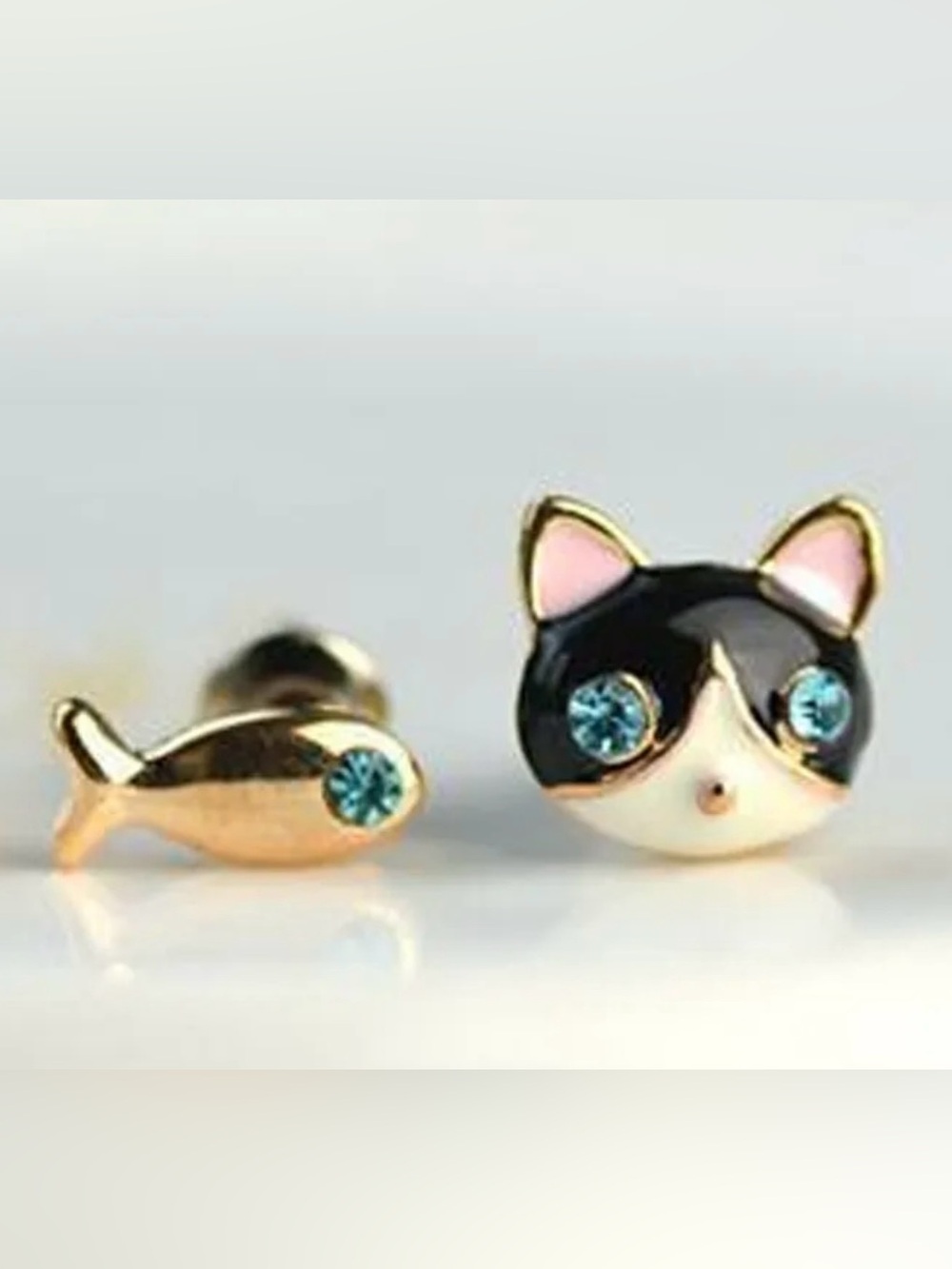 Gold Tone Black & White Cat Stud Earrings with Blue Crystal Eyes